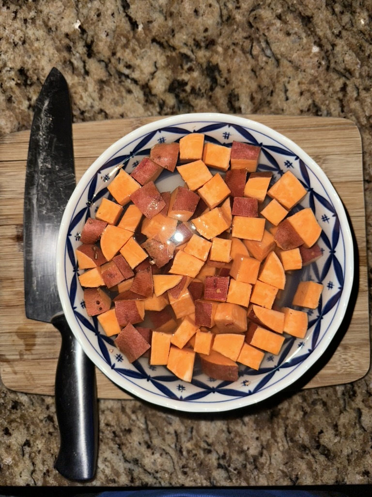 sweet potatoes cubed in bowl 