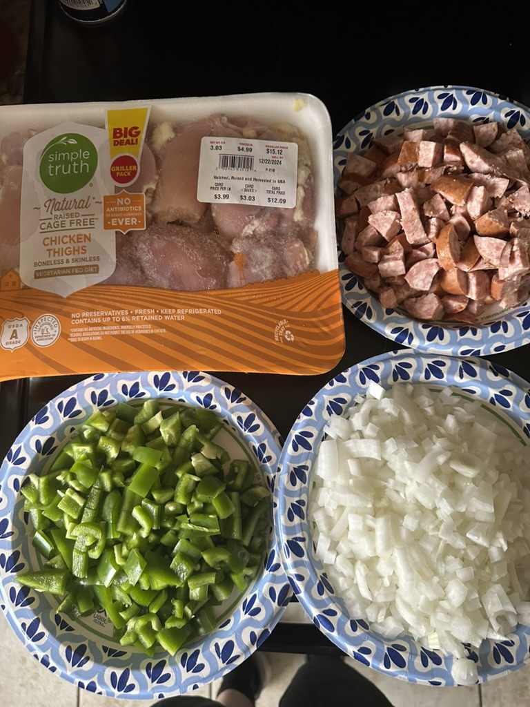 chicken thighs, sausage, bell peppers, white onion