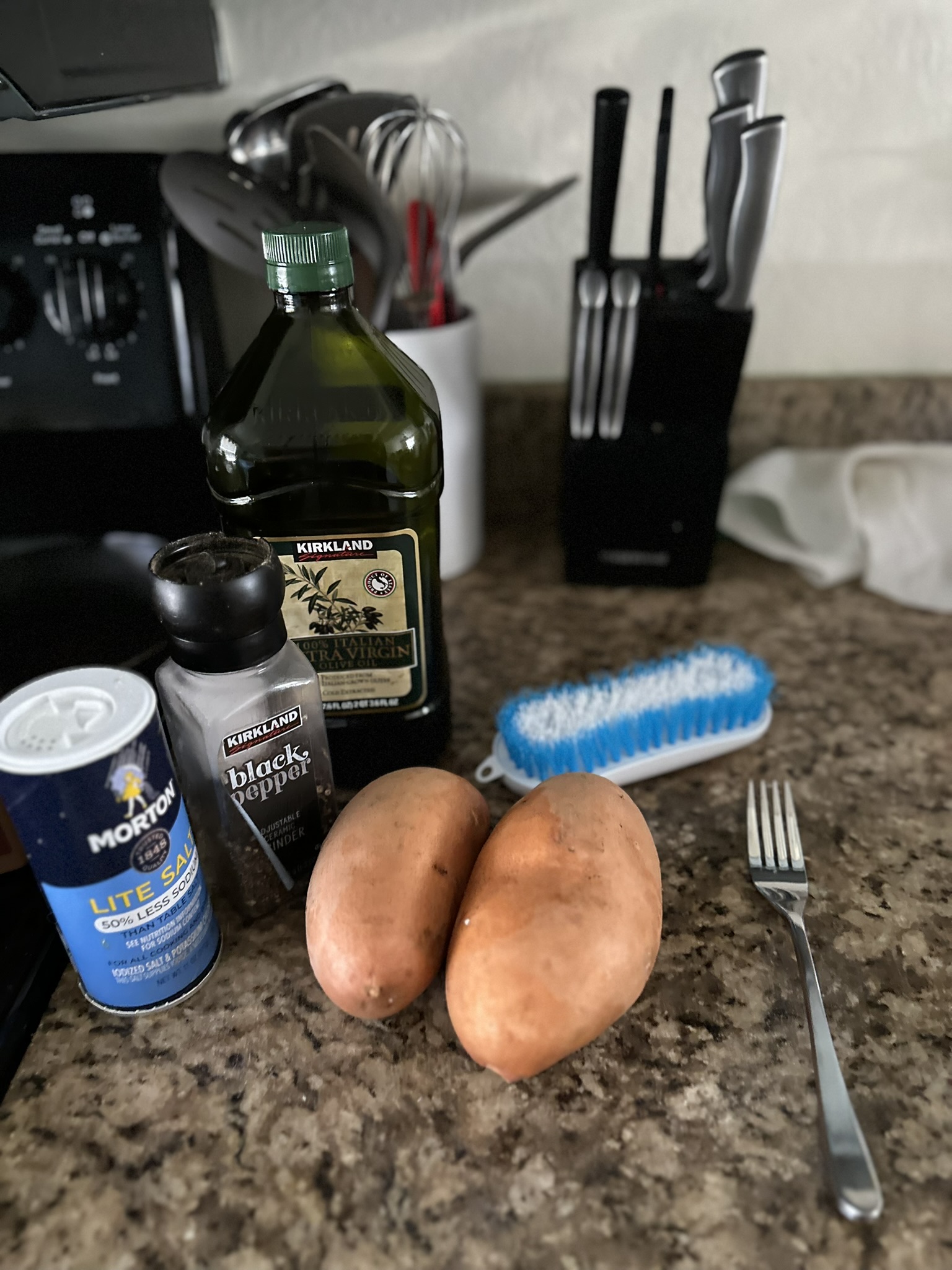 salt pepper oil scrubber sweet potato fork